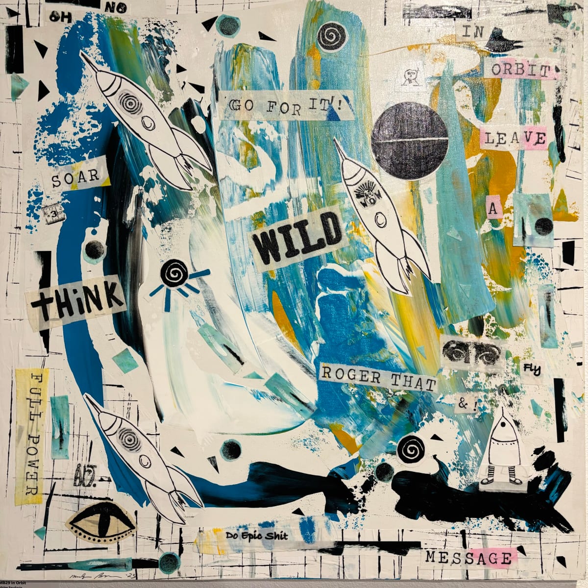 MB 29 In Orbit by Midge Baudouin by Derek Gores Gallery  Image: Artist Bio about Midge Baudouin: 
Love and art. Art and love. For me, they have always been intertwined.
“I love to make art. I love to teach art. I love to give art. I love to see art. I love to support art.”
Midge’s life as a maker started back during her childhood in New York City (the Bronx) when, with few resources, she and her friends
improvised with materials from empty lots and construction sites to make things from their imagination. When the public school offered free arts and crafts, Midge learned embroidery and woodworking. She was also entrepreneurial, selling handmade pot holders and lanyards to tenants in her apartment complex.
Midge followed that spirit of creative ingenuity into adulthood, always learning and practicing — she was a macramé genius — eventually making a living teaching and selling art supplies for various companies.
“After being a sales executive for a major woodcraft company for many years, I took off my make-and-take-it apron and put my creativity into selling products worldwide. It was a different form of creativity, but the core was always the creative process of art and craft and making things.
“In retirement, I have been able to throw myself, morning, noon, and night, into my artistic process. Every single day. It is a lifeblood thing now. Maybe it always has been, but certainly now I’m tapped in.”
Mixed media and collage have been my métier for many years, keeping that spirit of improvisation from my youth.
“I love the idea of working with complete abandon — with no rules, no planning, and no thinking — just doing it organically. Whatever comes. The surprises. My favorite artists are Picasso, Matisse, Basquiat and 3 year olds. I am inspired by Gee’s Bend. And more recently, Rosie Lee Tompkins. Learning about Rothko and participating in a global network called Art2Life/Spark. Self- expression and imagination are key, using what’s available to make something. Turning something old into something new is always fun.
When I learned surface design silk screening, it became another game changer in fabric collaging. I love nature. Mother Nature paints us a new picture in 3D living color. All we need to do is look out and see it,” Art has taken on new and deeper meaning for Midge. Knowing she is not alone on her artistic journey sustains Midge as she keeps living a creative life. “I believes art and artists connect us all”.
“Art and artists live on and inspire and leave a story and history. From the beginning of time, expressing visually has resonated [with people], and it remains a piece of humanity. It brings us closer together, the same with music. We are on equal footing. No words are needed to communicate to the soul, mind, and senses. There is a rhythm and a pattern.”
“When creating my art ‘in the zone’ — many times it feels like a silent symphony with my eyes. There is the beginning, the middle, and the
crescendo,” she said.
“Life. It’s a crazy thing. We are left as survivors of our times, our decisions, our truth. The loss of our loved ones, and the legacy they leave. Our art. How we spend our time. Let’s leave the world a little kinder and gentler and a little more beautiful than the day we showed up.”
It’s an honor for me to show my work at Derek Gores Gallery. This is a magical place.