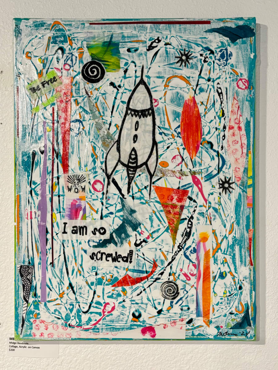 MB 86 Rocket Fuel by Midge Baudouin by Derek Gores Gallery  Image: Artist Bio about Midge Baudouin: 
Love and art. Art and love. For me, they have always been intertwined.
“I love to make art. I love to teach art. I love to give art. I love to see art. I love to support art.”
Midge’s life as a maker started back during her childhood in New York City (the Bronx) when, with few resources, she and her friends
improvised with materials from empty lots and construction sites to make things from their imagination. When the public school offered free arts and crafts, Midge learned embroidery and woodworking. She was also entrepreneurial, selling handmade pot holders and lanyards to tenants in her apartment complex.
Midge followed that spirit of creative ingenuity into adulthood, always learning and practicing — she was a macramé genius — eventually making a living teaching and selling art supplies for various companies.
“After being a sales executive for a major woodcraft company for many years, I took off my make-and-take-it apron and put my creativity into selling products worldwide. It was a different form of creativity, but the core was always the creative process of art and craft and making things.
“In retirement, I have been able to throw myself, morning, noon, and night, into my artistic process. Every single day. It is a lifeblood thing now. Maybe it always has been, but certainly now I’m tapped in.”
Mixed media and collage have been my métier for many years, keeping that spirit of improvisation from my youth.
“I love the idea of working with complete abandon — with no rules, no planning, and no thinking — just doing it organically. Whatever comes. The surprises. My favorite artists are Picasso, Matisse, Basquiat and 3 year olds. I am inspired by Gee’s Bend. And more recently, Rosie Lee Tompkins. Learning about Rothko and participating in a global network called Art2Life/Spark. Self- expression and imagination are key, using what’s available to make something. Turning something old into something new is always fun.
When I learned surface design silk screening, it became another game changer in fabric collaging. I love nature. Mother Nature paints us a new picture in 3D living color. All we need to do is look out and see it,” Art has taken on new and deeper meaning for Midge. Knowing she is not alone on her artistic journey sustains Midge as she keeps living a creative life. “I believes art and artists connect us all”.
“Art and artists live on and inspire and leave a story and history. From the beginning of time, expressing visually has resonated [with people], and it remains a piece of humanity. It brings us closer together, the same with music. We are on equal footing. No words are needed to communicate to the soul, mind, and senses. There is a rhythm and a pattern.”
“When creating my art ‘in the zone’ — many times it feels like a silent symphony with my eyes. There is the beginning, the middle, and the
crescendo,” she said.
“Life. It’s a crazy thing. We are left as survivors of our times, our decisions, our truth. The loss of our loved ones, and the legacy they leave. Our art. How we spend our time. Let’s leave the world a little kinder and gentler and a little more beautiful than the day we showed up.”
It’s an honor for me to show my work at Derek Gores Gallery. This is a magical place.