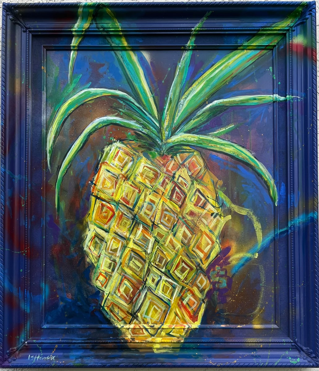 Splash of Pineapple by Isabel Hendrix by Derek Gores Gallery  Image: Isabel Hendrix is a mixed media artist in Melbourne, Fl. She uses collage and other found objects to create a bold textured base for her vibrant colored paintings. Isabel is not afraid to use unconventional materials and this often times gives the viewer a surprise once they look closer. Isabel’s work  focuses on color and texture. 