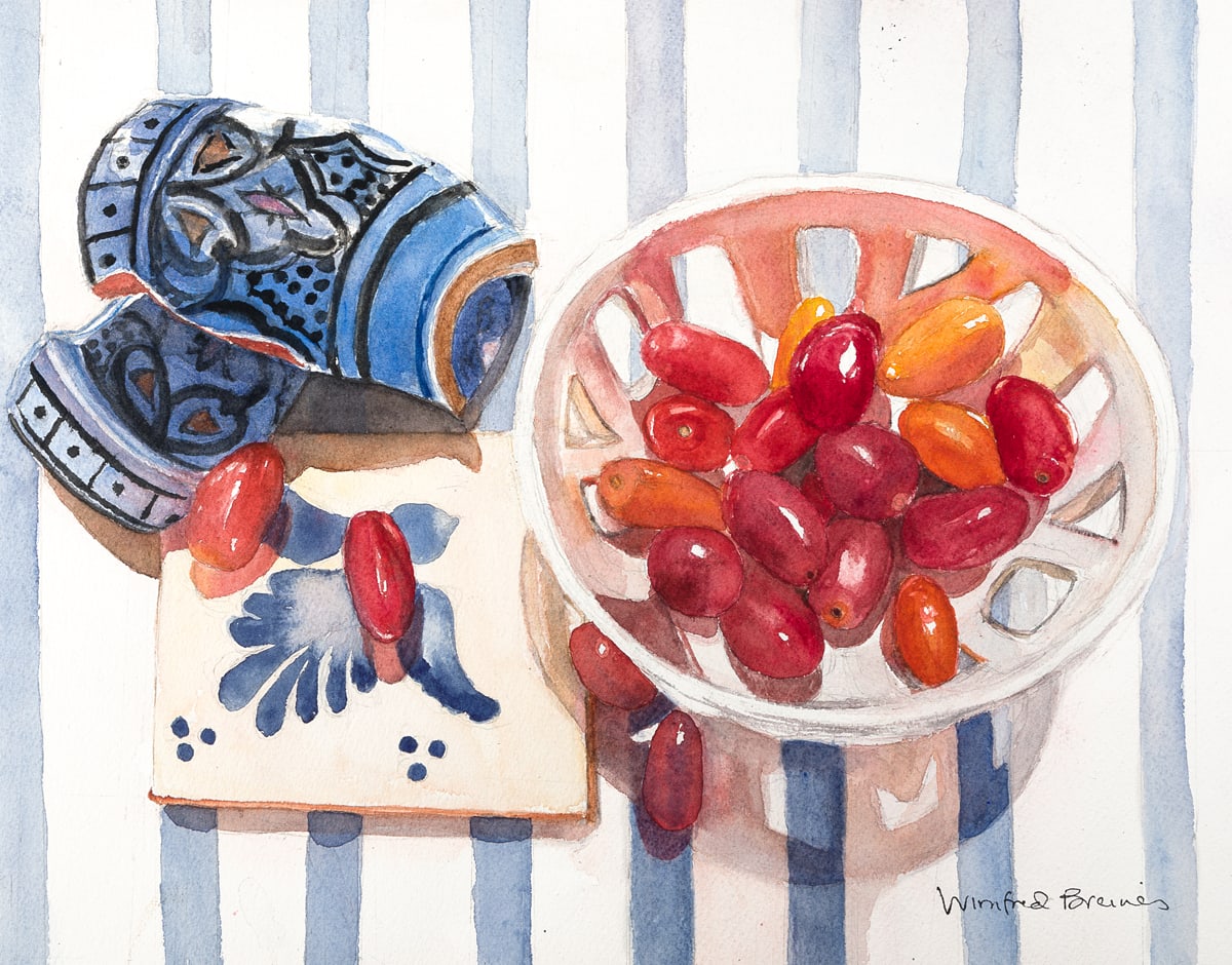 Colander, Cherry Tomatoes, Tile, Stripes by Winifred Breines 