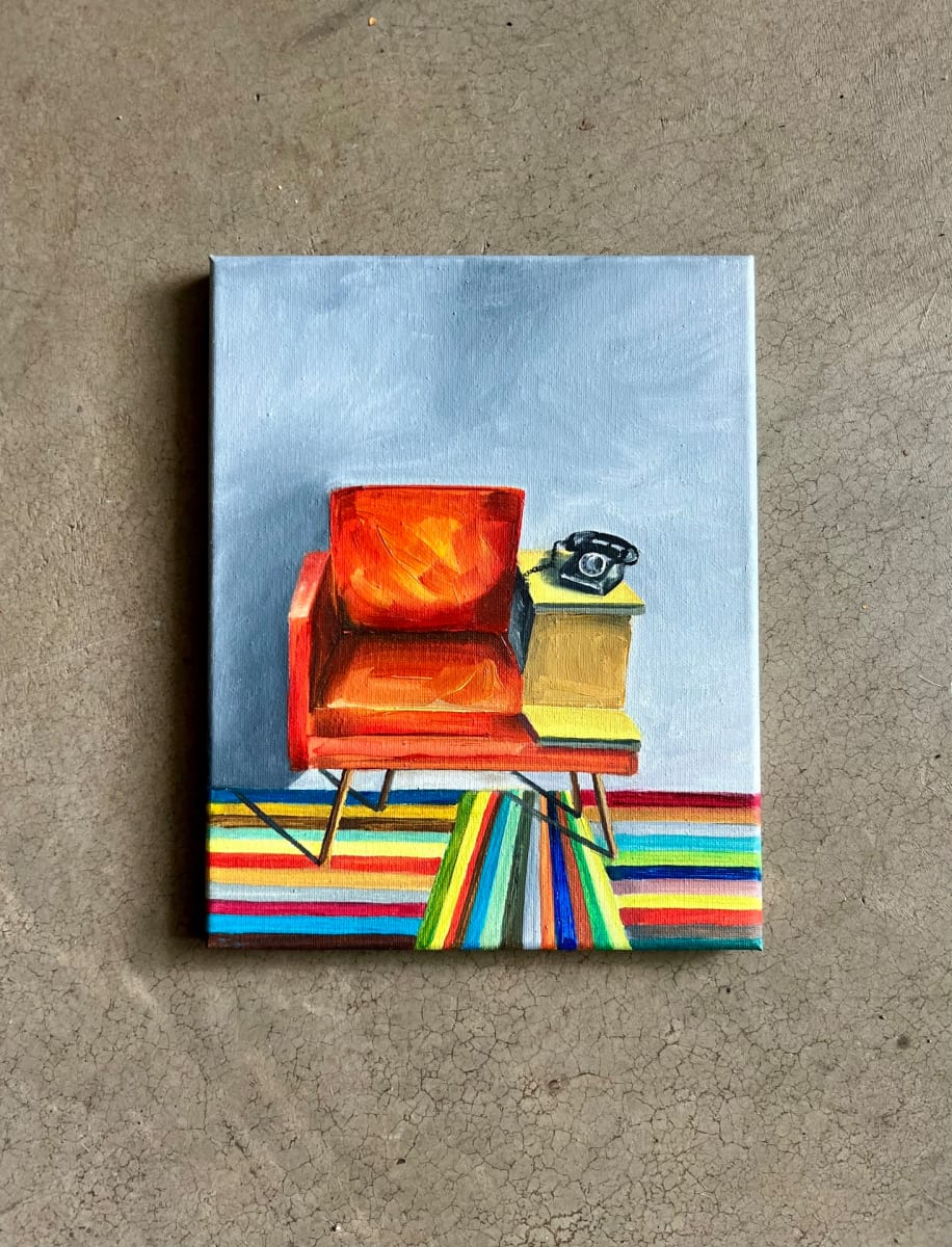 Red-Orange Chair With Telephone by Tyler Cartier, Image 3.