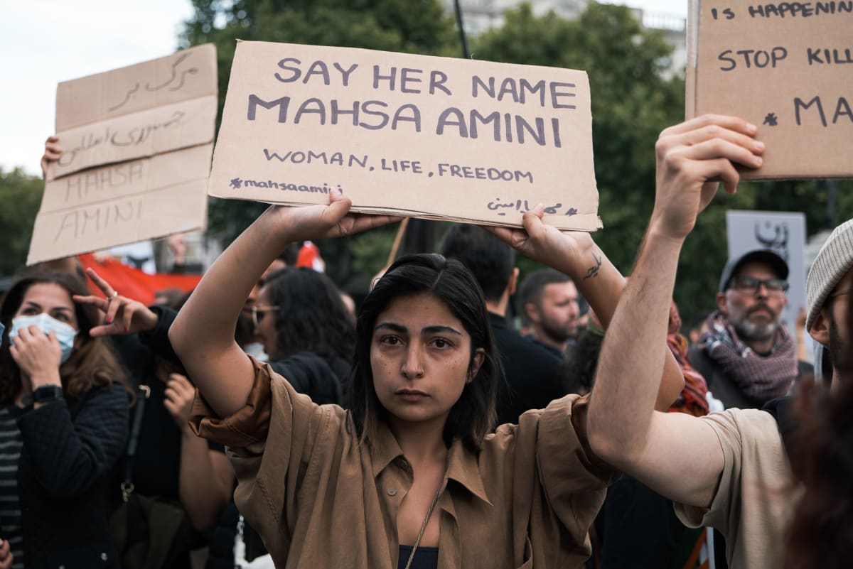 Despair by Leonie Sonderegger  Image: Day 1 of the protests for women’s rights in Iran on Trafalgar Square in London.The atmosphere was very emotional, many became overwhelmed from the support Iran has received 

Shot on an SL2-S with a 24-90mm lens.