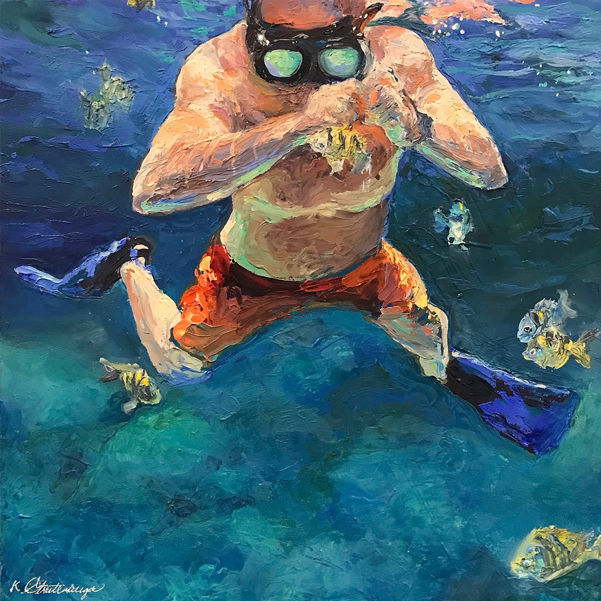 Feeding the Fishies - Oil and Palette Knife by Kathleen M. Streitenberger 