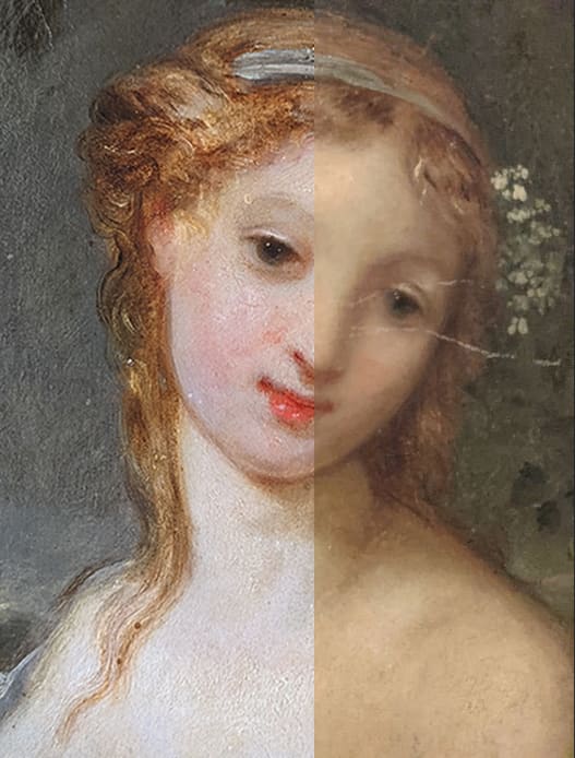 Young woman with flowers in her hair by Ernest Dupont  Image: Ernest Dupont, Before and after restoration