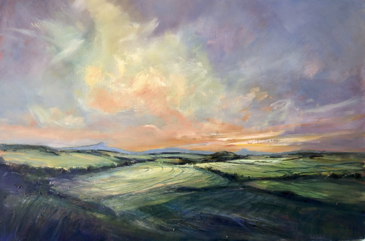 Endless Change by Sarah Jane Brown  Image: The colours of the fields shift with the changing light, as clouds drift across the landscape. Light and shadow come and go as time passes.