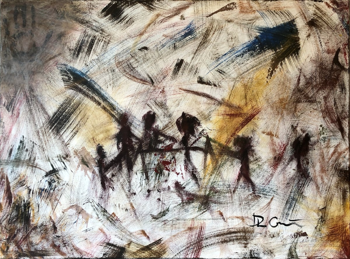 Feast by Darryl L. Grant  Image: Third in the “Ancient” series, “Feast” carries on the story of the tribe.  Here the piece depicts the people gathered around the fire and spit eating and enjoying the hard won bounty of their toil.