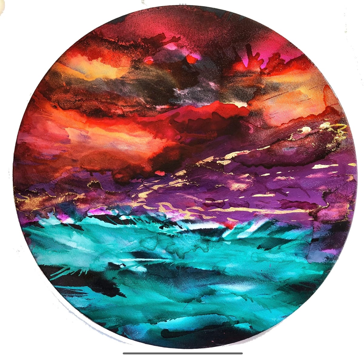 Red Sky Emerald Water  Image: Alcohol ink painting on canvas board -Needs frame 