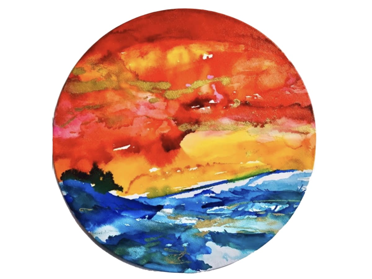 Orange sky Cobalt Water  Image: Alcohol ink painting on canvas board -Needs frame 