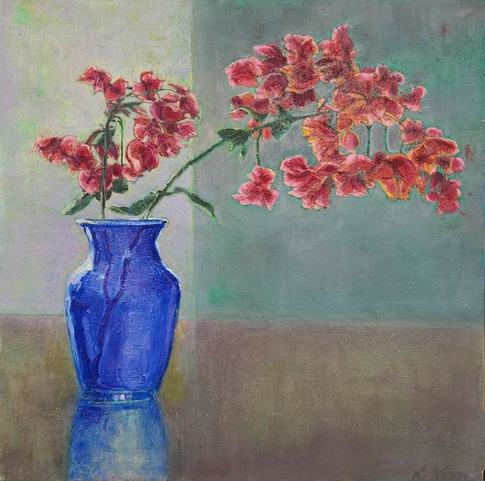 Bougainvillea In Blue Vase by Katherine Kean 