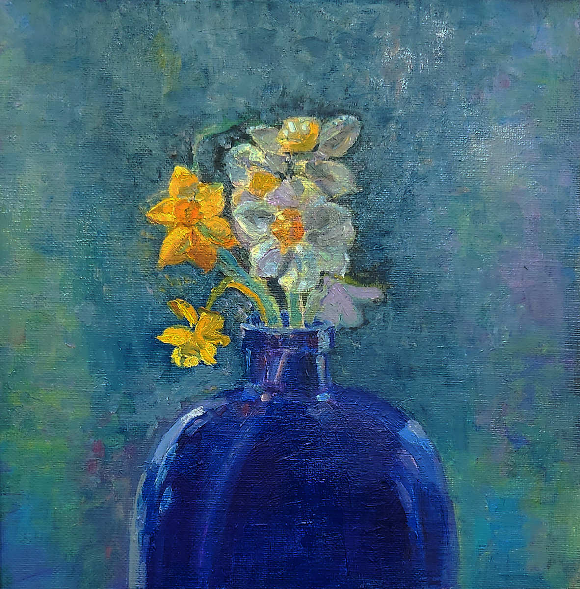 Daffodils in Blue Bottle by Katherine Kean 