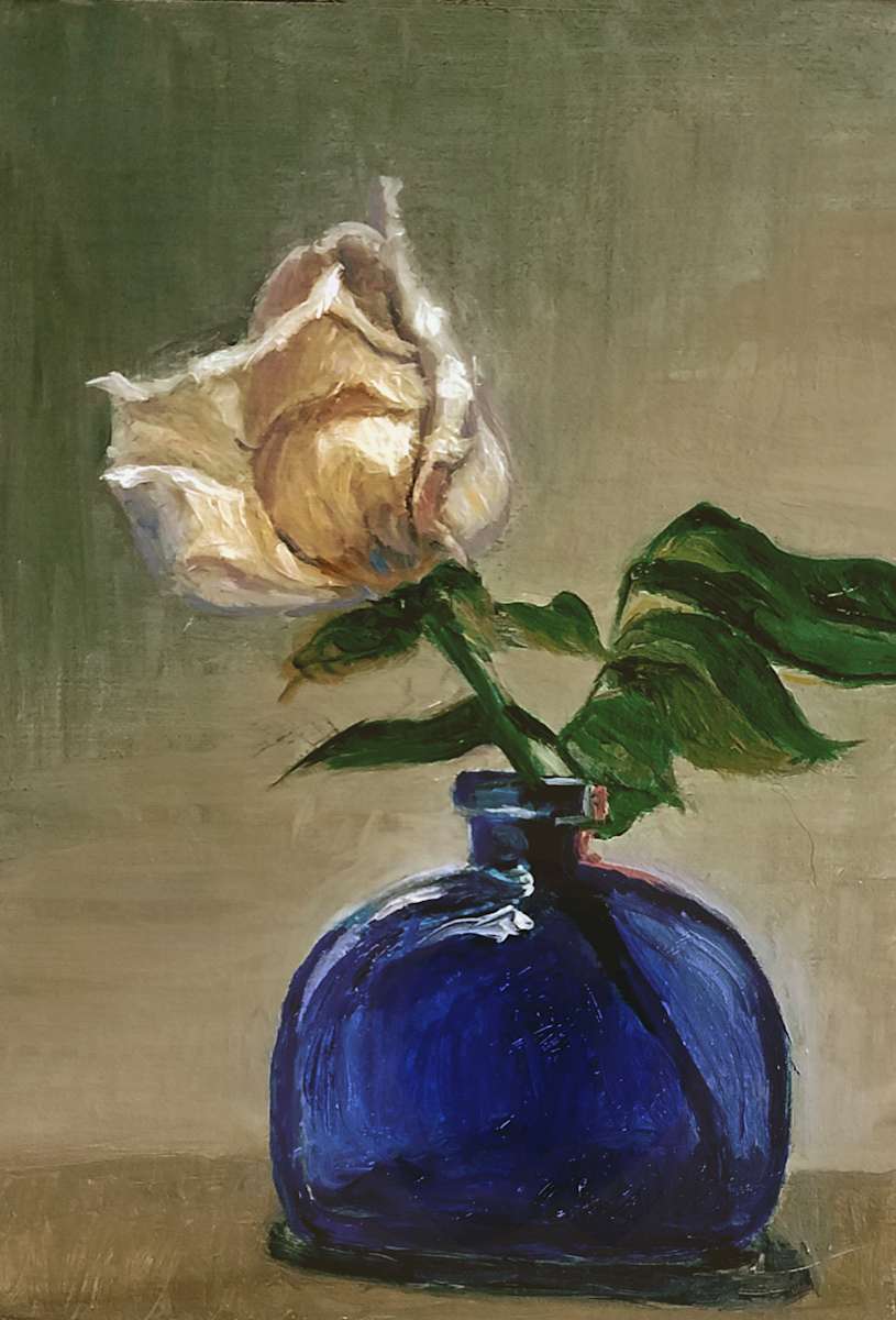 White Rose in Blue Bottle by Katherine Kean 