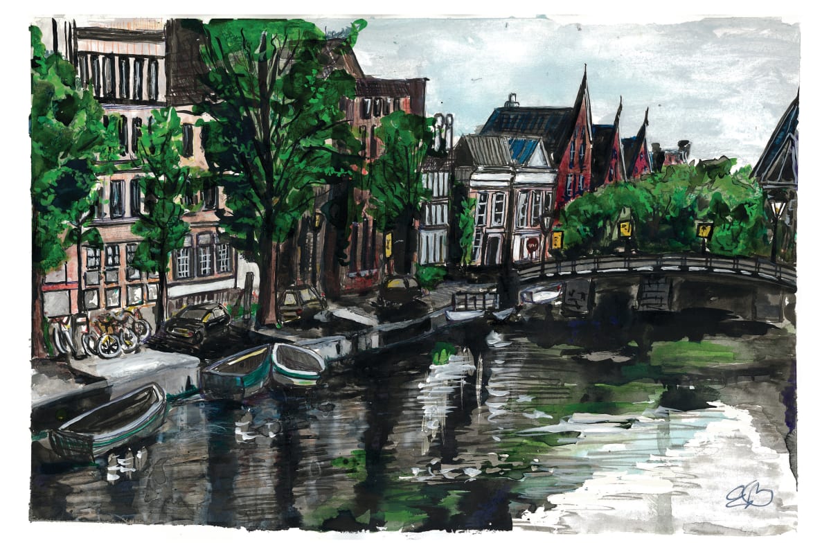 Riverside Stroll on a Sunday by Eileen Backman  Image: Ink painting of Riverfront Scene