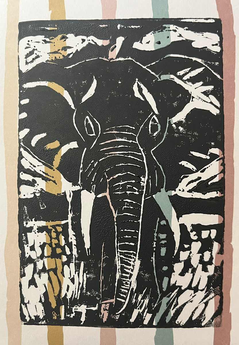 Elephant Stroll Linocut by Eileen Backman 
