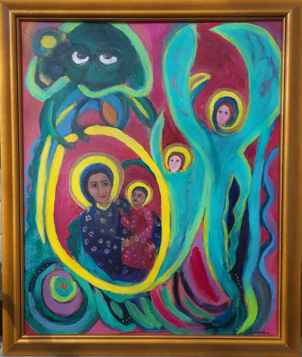 Black Madonna and Green Man  Image: This piece began as an abstract one. Then I noticed the Green Man asnd Angels emerging. I also learned that the Green Man, representing new growth, re- emerged in the 12th century renaissance and was incorporated into the light-filled Gothic Cathedrals. The image of the black madonna, which emerged inmany places fit nicely in the "cosmic egg".