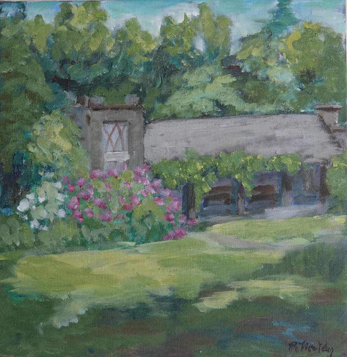 Kintail Chapel by Rhondda MacKay  Image: This is a plein air piece done on a hot day at The Mill of Kintail near Almonte, Ontario. Since there was construction equipment at the mill, I found a spot in the shade and painted thie outdoor chapel up the hill.