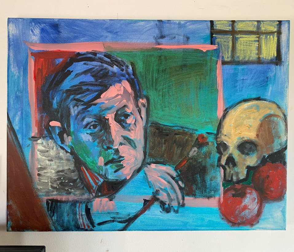 Artist in Studio contemplating a still life/ memento Mori by Sean Oswald 