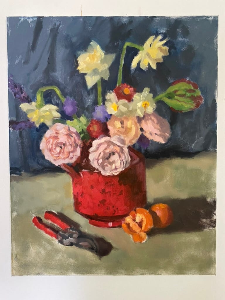 Still Life Floral with roses and daffodils by Sean Oswald 