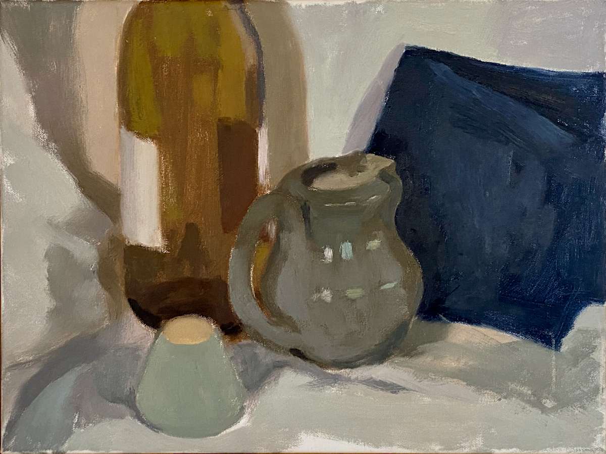 Still Life with Ceramic Vessels, Bottle, and Jean No. 1 by Sean Oswald 