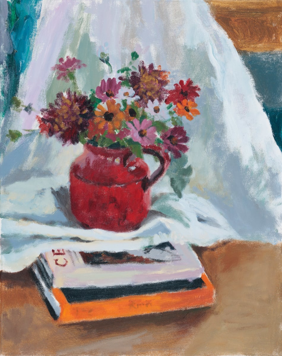 Floral in Red vase from Pisa with Cezanne and Diebenkorn books by Sean Oswald 