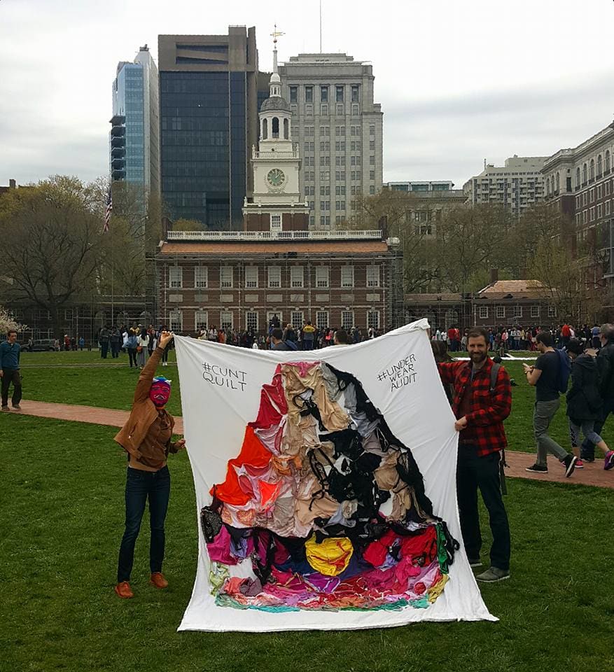 Arpillera Americanx * Cunt Quilt (Liberty Belle) Cunt Congress by Coralina Rodriguez Meyer  Image: March for Economic Justice at the Liberty Bell Philadelphia PA 4/15/2017