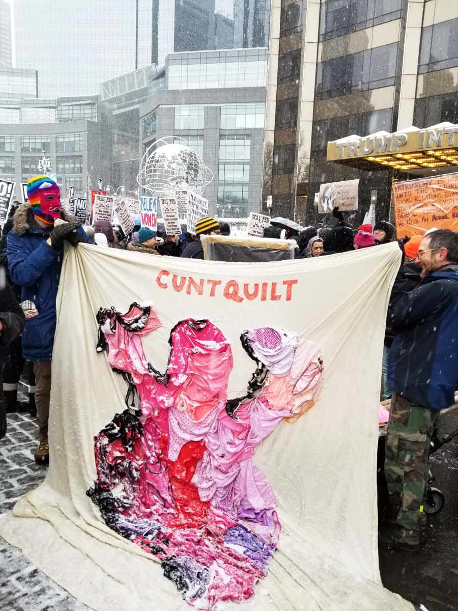 Arpillera Americanx * Cunt Quilt (Silueta) Cunt Congress by Coralina Rodriguez Meyer  Image: Me Too Rally at Trump Tower NYC 12/09/2017