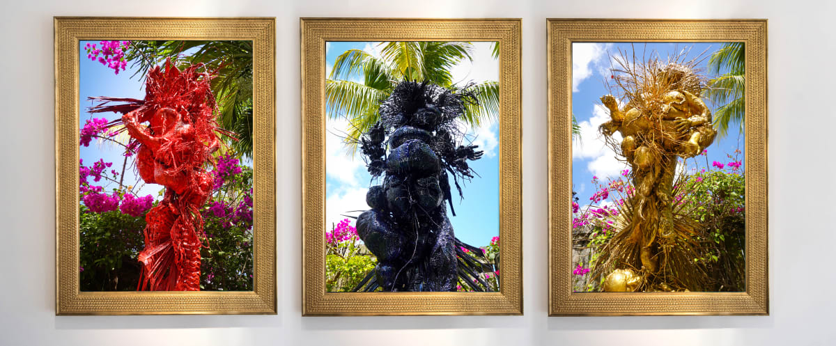 Coralina Triptych (Camino Umbligo Oro, Mar Sangria, Chiminagua Oya Ogun Thinker), Apariciones Virgen Gruta series by Coralina Rodriguez Meyer 