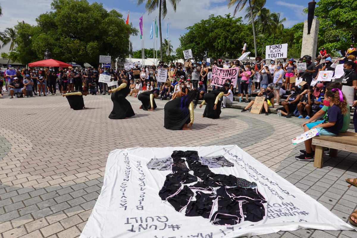 Arpillera Americanx * Cunt Quilt (BLM Power) Cunt Congress by Coralina Rodriguez Meyer  Image: Performances of Citizenship with Arpilleras Americanx *Cunt Quilt (BLM Power) at Juneteenth Youth Rally across from the Freedom Tower in downtown Miami June 19,2020
