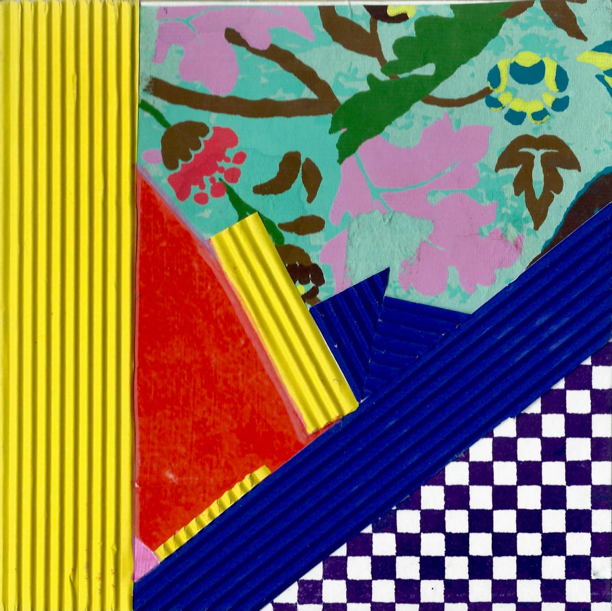 A lush place 1 by Vasu Tolia  Image: Lush place 1- These small wooden collages can be by themselves or as a pair.This image is a collage composed of various textured and patterned materials. The left section features corrugated pink cardboard and pink textured paper with floral patterns, intersected by an orange diagonal strip. The right side is dominated by a blue floral fabric with green stems and pink flowers. The lower part contains corrugated yellow cardboard. The combination of vibrant colors and different textures creates a visually dynamic and layered piece with floral and geometric contrasts.
