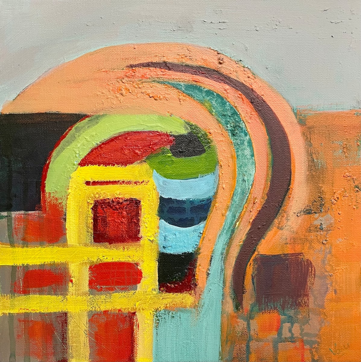 A place to enter by Vasu Tolia  Image: An artwork in gray, black, orange, red and blue tones in geometric and organic shapes is like pieces of a puzzle to solve