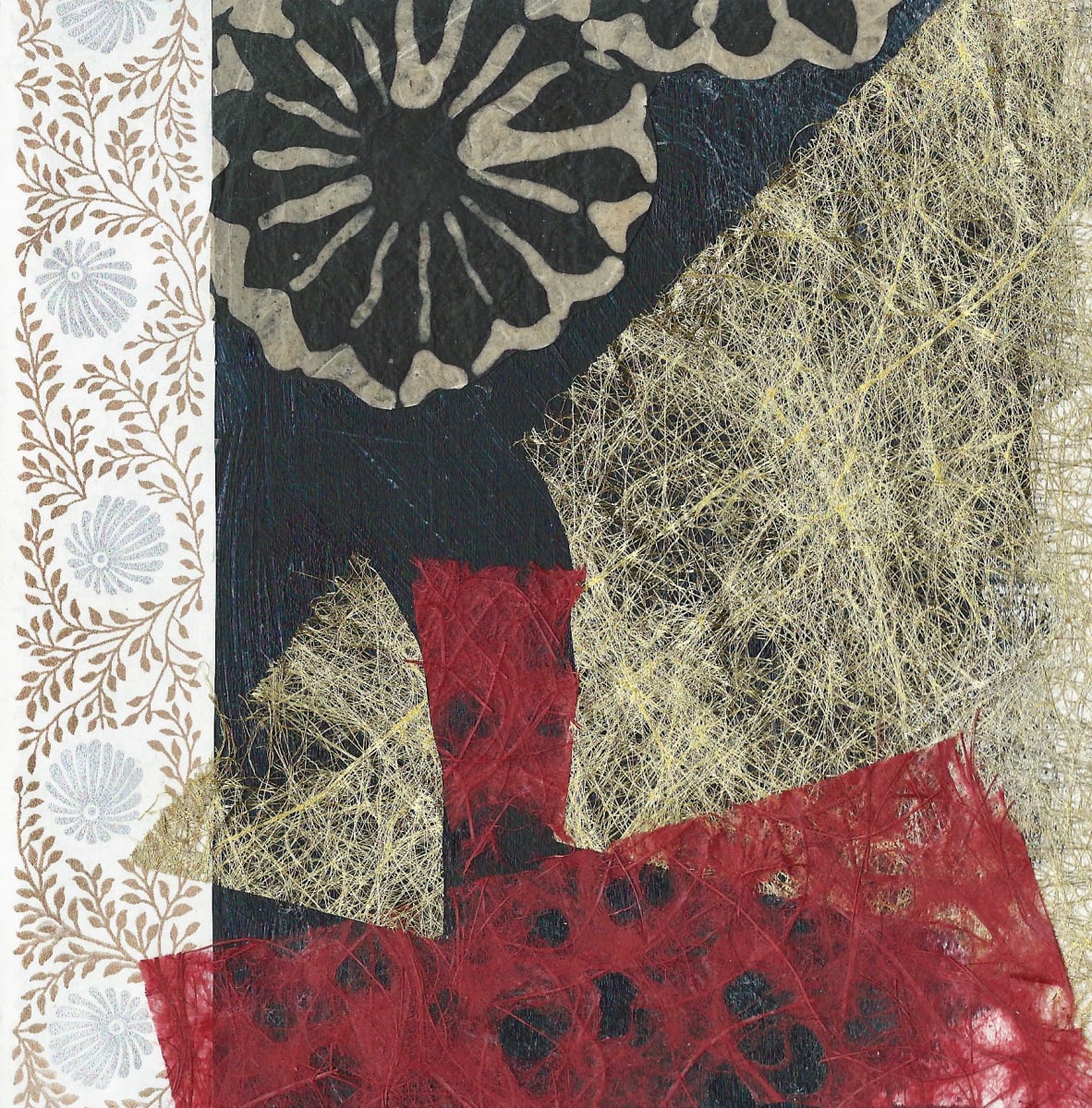 A voice in the choir 1 by Vasu Tolia  Image: A voice in the choir 1 - This is an abstract mixed media artwork on a wood panel. The composition largely consists of deep red at the bottom, with two symmetrical gold floral patterns towards the middle and a small blue area in the bottom left corner. A black and white abstract depiction of a half floral shape and wavy lines occupies the top right corner. Throughout the piece, there is an interplay of organic and geometric shapes with elements of aboriginal design, including a screen-printed pattern of small white leaves on a gold background to the left. Rich colors such as gold, copper, burnt orange, indigo, and apple red, are woven throughout the work, contributing to its intricacy and depth. The artwork conveys a strong visual interest with a cheerful arrangement with lyrics, flowers and shapes to create a symphony that arouses viewer's curiosity.