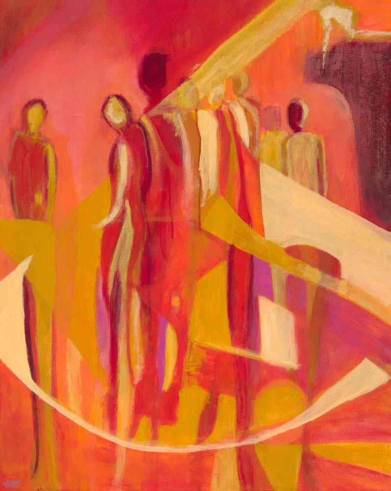Aftermath by Vasu Tolia  Image: This painting is an abstract representation of figures in a warm, vibrant setting. The dominant colors are warm tones - reds, oranges, and yellows, with touches of burgundy and ochre. The background is primarily a blend of red and orange hues. The human figures are represented by elongated, vertical shapes with rounded tops suggesting heads. The figures are not detailed but are distinguishable by their silhouettes. They are arranged across the canvas, with some appearing to be in the foreground and others in the background. They are intersected by diagonal and curved lines that create a sense of movement and depth. The painting is abstract and expressionistic. The brushstrokes are visible and loose, giving the piece a dynamic, energetic feel. There are several geometric shapes incorporated into the composition, including diagonal lines, curves, and a large arc at the bottom of the canvas. The interplay of light colors (yellows and whites) against the darker reds and purples creates a sense of illumination, as if light is shining on or through the figures. The painting appears to have varying textures, with some areas seeming more thickly painted than others. The warm colors and abstract figures evoke a sense of community or gathering, possibly suggesting a spiritual or celebratory theme. Overall, this painting conveys a sense of warmth, movement, and human presence through its use of color, abstract forms, and composition. It invites the viewer to interpret the relationships between the figures and their environment.