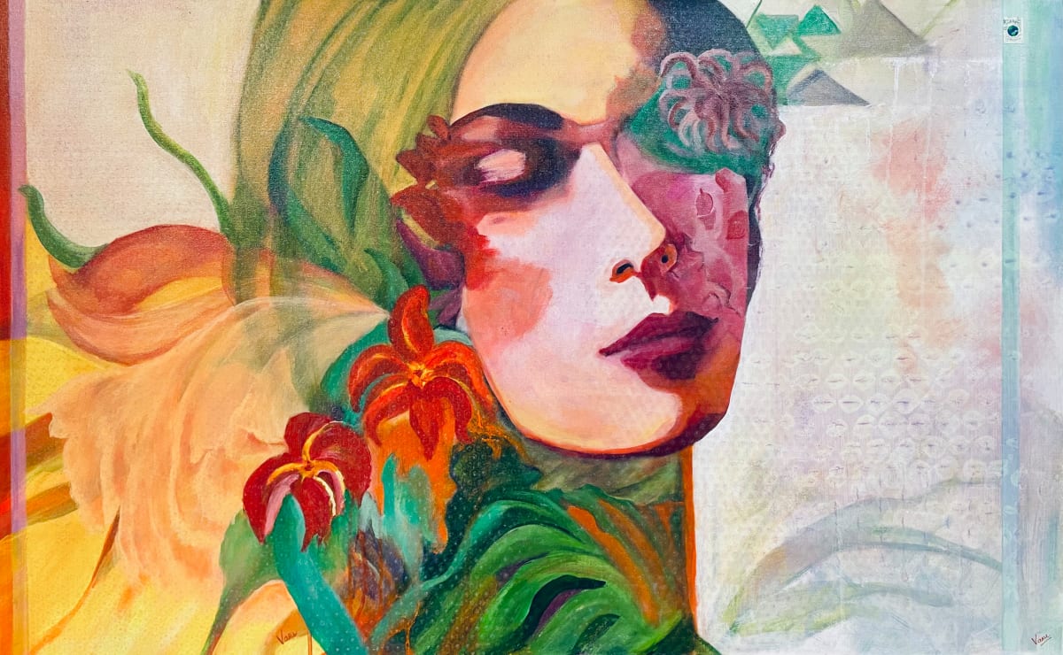 Contemplation by Vasu Tolia  Image: This painting depicts a woman presented with eyes shut and a subtle smile on her lips, giving her a peaceful and dreamy expression. Her face is adorned with flowers and leaves, and she has lush green hair. The background showcases a colorful abstract pattern, incorporating shades of red, orange, green, pink, yellow, and blue, contributing to a harmonious and dreamlike atmosphere. There is texture in the artwork. It signifies merging with nature and protect it.