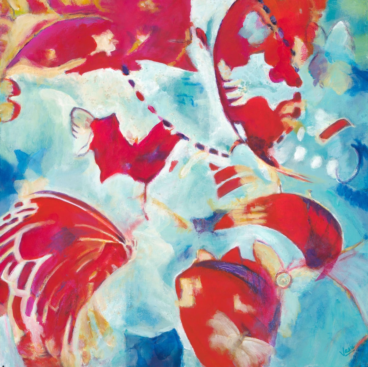 Bevy of Butterflies by Vasu Tolia  Image: After seeing an IMAX movie about the migration of the North American Monarchs almost a decade back, I’ve been fascinated with them and have made several paintings recently. The threat of their possible extinction affected me deeply.This painting depicts abstracted butterflies in rich red/pink hues, in many sizes and shapes. I made them intact, or show only half in outline or in very detailed wings. They are shown hovering as if on their flyway. This is all in my fantasy and rendered in vibrant colors without flowers to tell the story of their fantastic journey for survival.