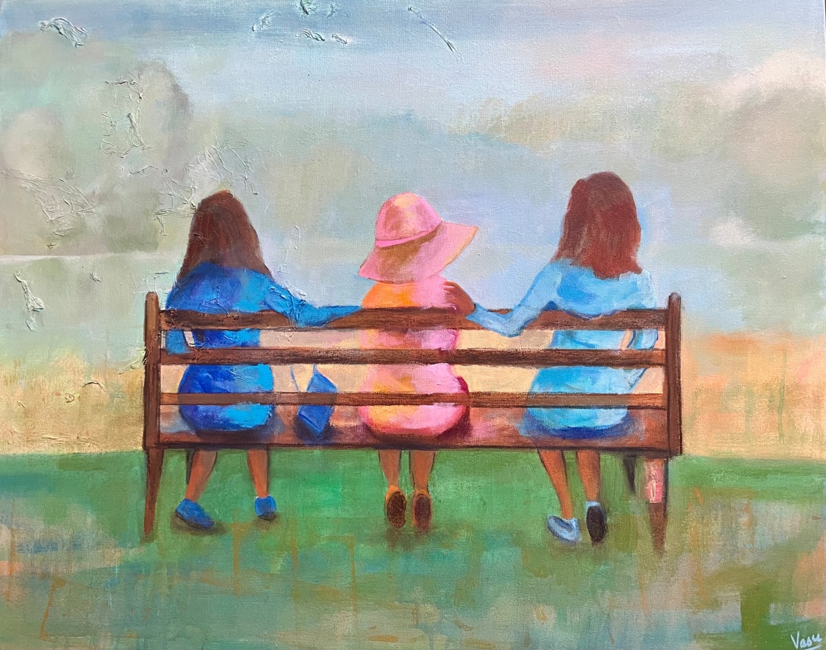 buddies/  silent conversations by Vasu Tolia  Image: Three friends sitting in silence, no words necessary when you are bosom buddies.To see them like this creates an intrigue- what could they be thinking about, why are they here, they are together despite not looking at each other. 
