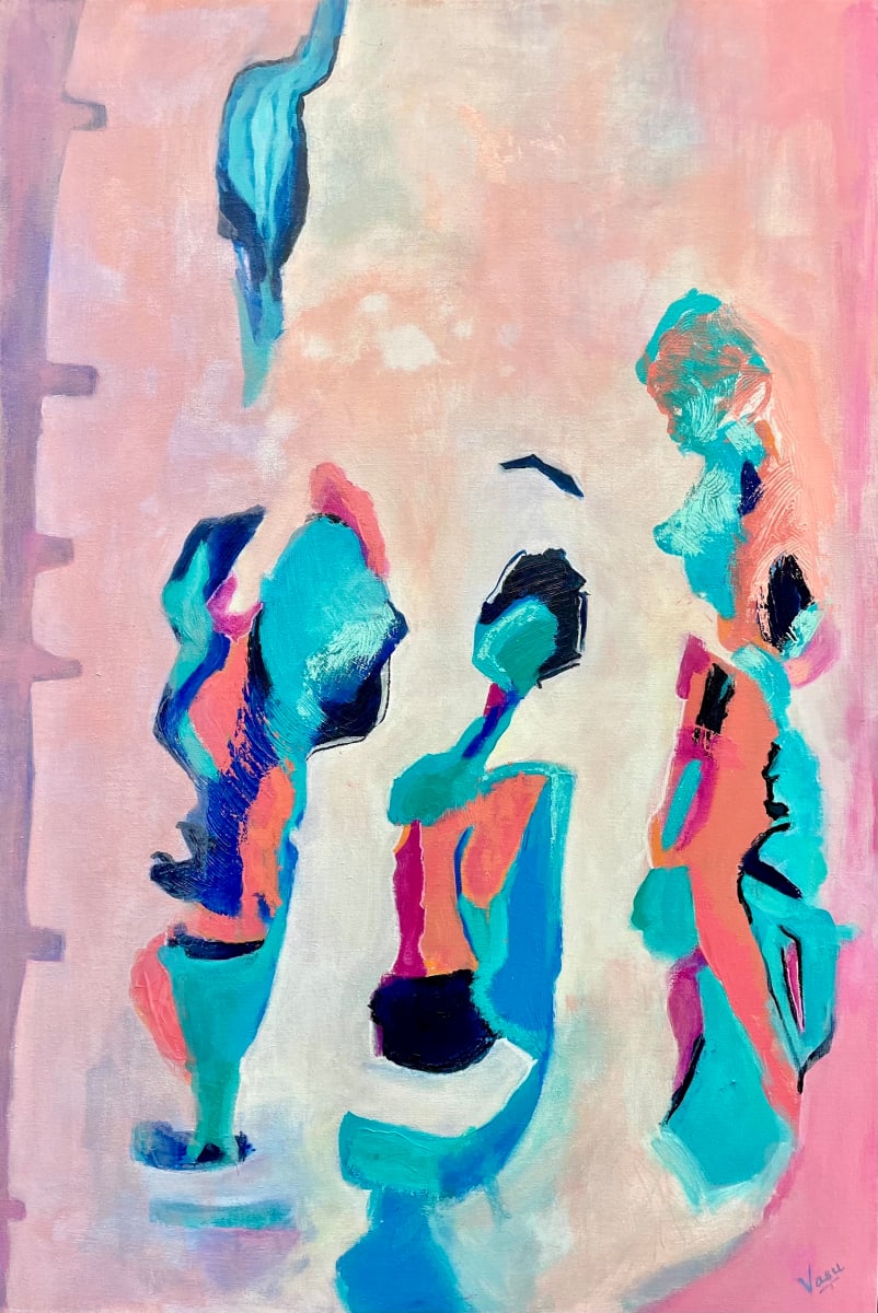 Burning Questions by Vasu Tolia  Image: This piece looks like figures, I believe women asking timeless questions -  pleading,  stating and asserting when necessary to find their place and space in society.