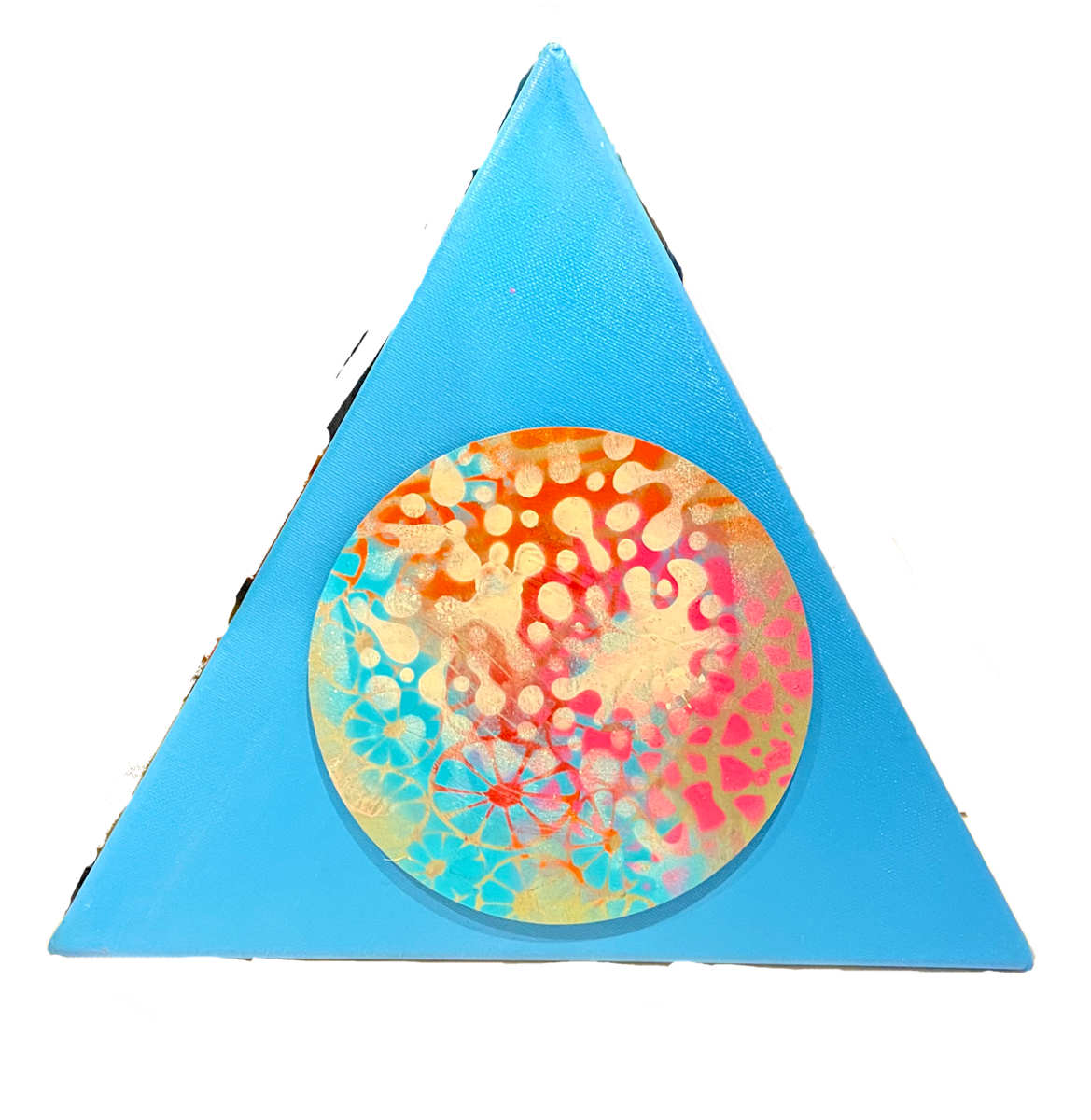 Celestial  Garden by Vasu Tolia  Image: A triangle-shaped painting with a blue background. The circular element is filled with a warm and colorful pattern of soft orange, red, and blue organic shapes, giving it a bubbly, joyous feeling.
This is a lively and ethereal combination of color and form, evoking a heavenly, playful atmosphere.
