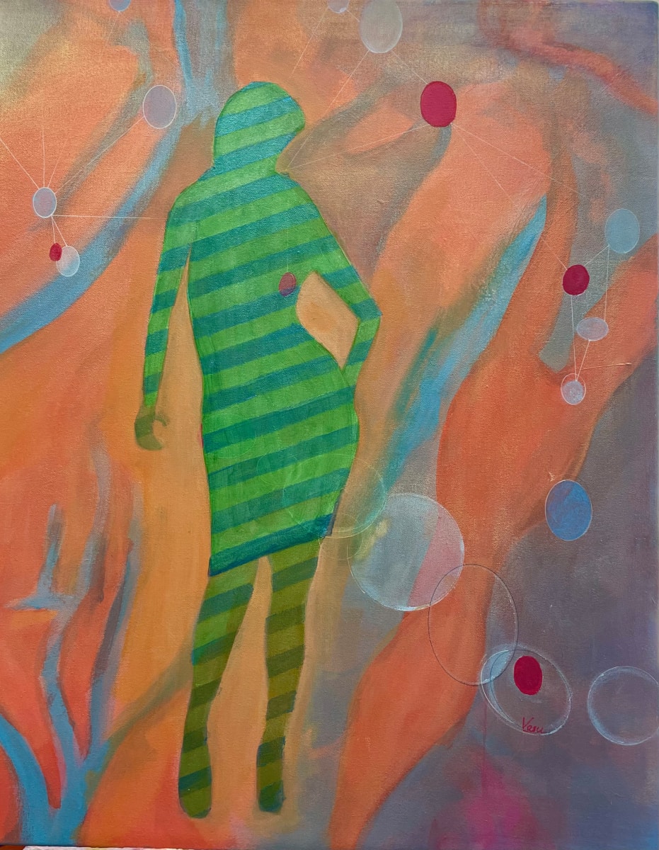 Confident by Vasu Tolia  Image: 
I wanted to create something intangible yet structured. To create that feeling between the defined green-striped silhouette and the fluid background , I generated this contradiction to ignite the imagination. The figure’s form is meticulously rendered with precise lines, attitude and a consistent pattern, and colors, while the warm, abstract orange and blue gradients flow freely around it, creating a surreal contrast. This work bridges abstract expressionism and modernity by blending figurative and non-figurative elements. I included  dot-and-line connections to add complexity, suggesting themes of connection and isolation. I wanted to create an intrigue in the viewers  to ponder its place within the contemporary art narrative, reflecting on how the boundaries of form and formlessness might coalesce.