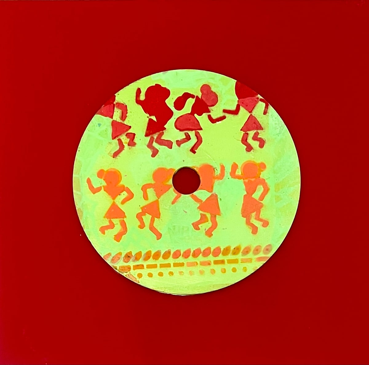 Dancing Spirits by Dr. Vasundhara (Vasu) Tolia  Image: A playful folk art-inspired piece on lime green featuring
silhouetted figures in red and orange appearing to dance in celebration, with decorative
border elements below.