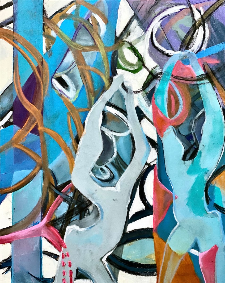 Disco baby disco by Vasu Tolia  Image: active, abstract figures in motion with energy, lines and hues of blue, gray and subtle pinks and oranges is very pleasing.