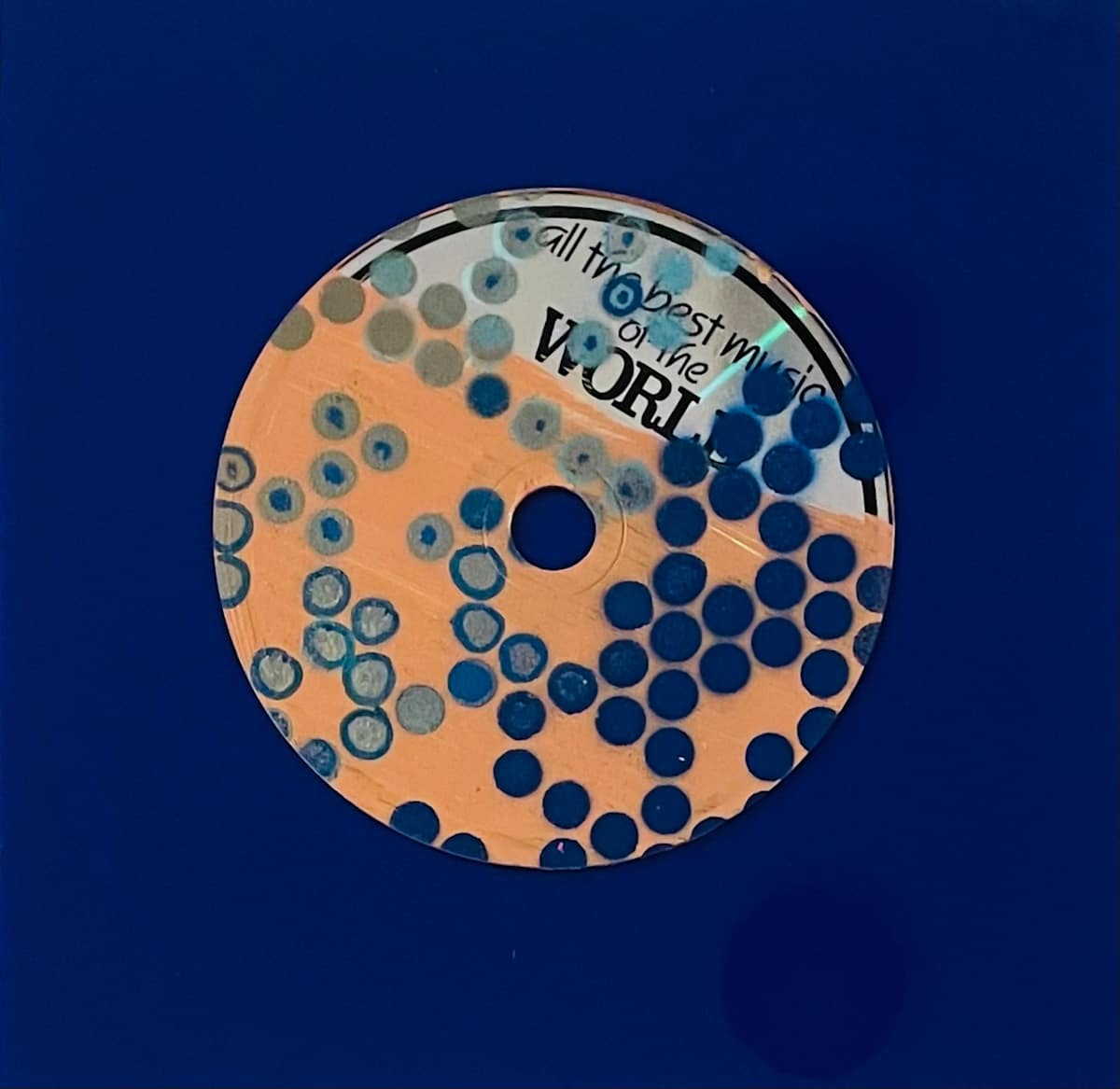 Dotted Harmony by Dr. Vasundhara (Vasu) Tolia  Image: A contemporary piece combining circular dot patterns
with text elements reading "all in best music of the WORLD," creating a modern
graphic design aesthetic in blue and orange tones.