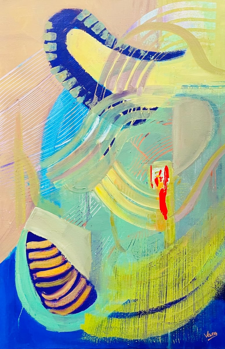 Dreamscape by Vasu Tolia  Image: This represents an abstract visualization of the boundless landscapes of dreams, where colors and forms blend into a tapestry of imagination and wonder. The vibrant strokes and ethereal textures invite viewers to explore their own inner worlds, unlocking creativity and inspiring a journey into the subconscious, where every hue represents a limitless possibility. A soft palette of yellows, greens, and blues is enlivened by touches of vivid red, creating focal points that draw the eye. The overall effect is one of a surreal, imaginary landscape where architectural elements merge with natural forms.
