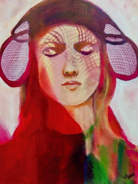 Enigma by Vasu Tolia  Image: A woman with spun hat has eyes closed in deep thought, shadows from the holes are on her face