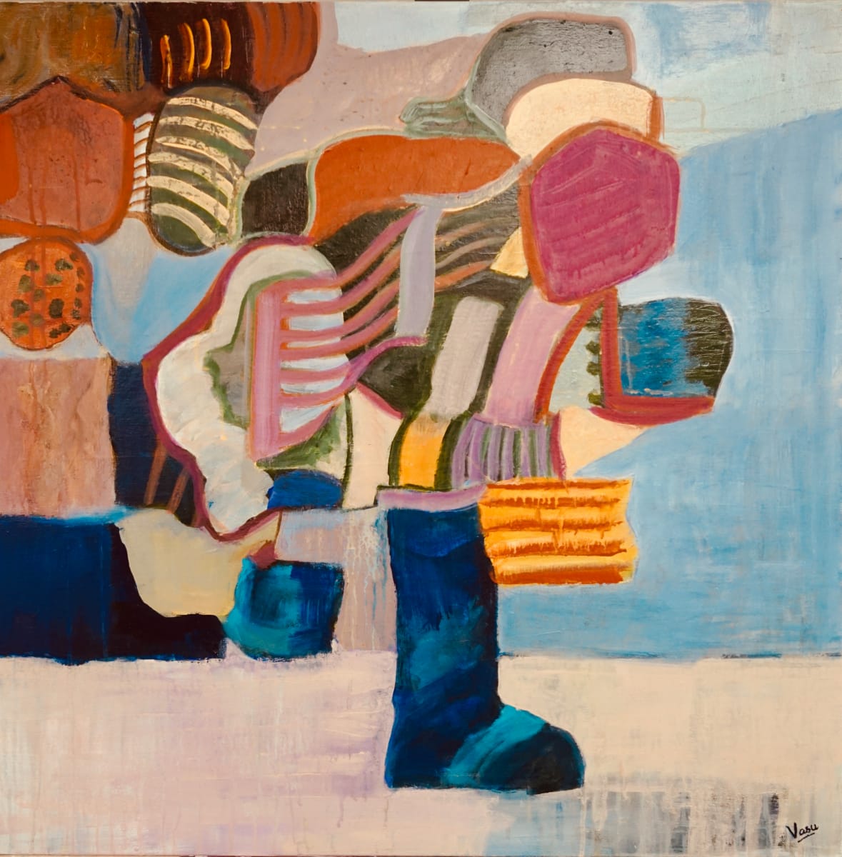 Entangled by Vasu Tolia  Image: This painting is an abstract composition featuring a vibrant array of colors and shapes. It appears to be an oil or acrylic painting on canvas. The artwork is dominated by a central figure that resembles a stylized, almost cubist interpretation of a person or creature. This figure is composed of various geometric and organic shapes in a wide range of colors including blue, pink, orange, yellow, green, and purple. The background is relatively simple, with a pale blue sky-like area taking up most of the upper right quadrant, and a light lavender or off-white ground at the bottom. There's a hint of a brown-pink mountainous shape in the upper left background. The painting style is loose and expressive, with visible brushstrokes and a playful approach to form and color. The shapes are not strictly defined but flow into each other, creating a sense of movement and energy. The composition is asymmetrical and dynamic, with the central figure dominating the left side of the canvas and extending towards the right. The figure appears to be walking or in motion, suggested by the positioning of what could be interpreted as legs at the bottom of the painting. Overall, this painting presents a whimsical, colorful exploration of form and movement, blending figurative elements with abstract expression.