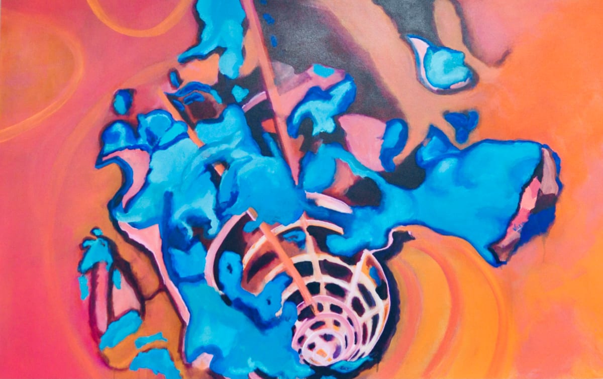 Exuberance by Vasu Tolia  Image: The idea for this artwork originated from a photo of sun trying to come from behind the clouds. The spectrum of circles emanating from the brightness of sun was very exhilarating. I had to depict in in bright colors to express this rapturous feeling.