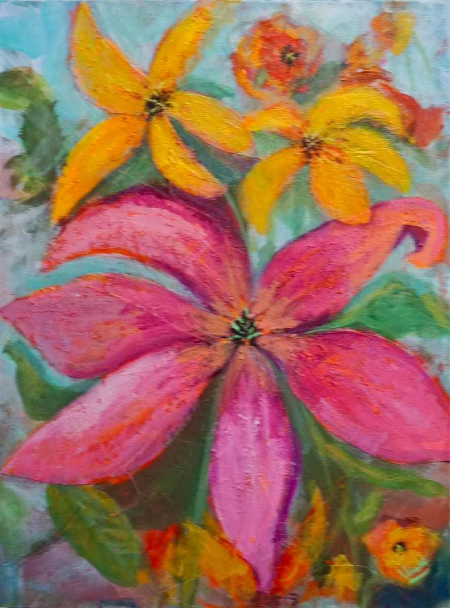first blooms by Vasu Tolia  Image: This painting depicts blooming flowers in a close up  heralding the spring/summer seasons  in analogous reds, yellows and orange hues. 