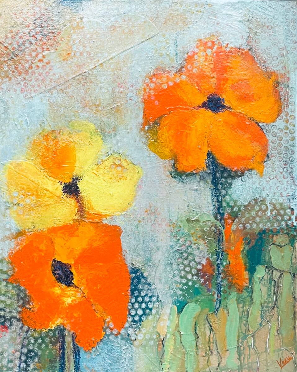 Poppies by Vasu Tolia  Image: These bright poppies take a center stage against an abstract background of  foliage and sky which seems to be dripping onto the flowers. Orange and yellow poppies against a background of light blue and greens at the bottom is very enticing, making one want to pluck it out. This piece was inspired by their arrival in late April. This painting has a soft,  atmospheric quality with its diffuse dots and hazy background.  The overall warm, sunlit palette harmonizes with the whimsical, ethereal depiction of these blossoming flowers emerging from a mosaic-like field of dots and colored glazes.
This abstract floral also depicts expressive use of color, texture, and loose, gestural brushwork to capture the vibrant essence and emotive spirit of nature's floral beauty through an artistic lens and painting techniques.