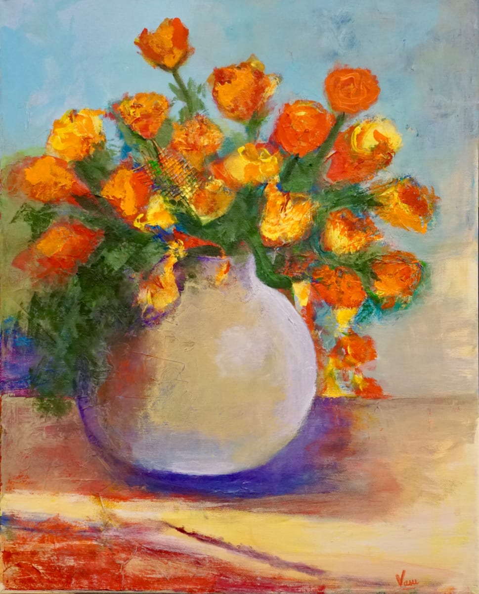 Sunlit Bouquet by Dr. Vasundhara (Vasu) Tolia  Image: A bouquet in a vase makes a lovely still life . Textures on the tulips  brings them alive. The shiny vase with its shadow is very appealing and inviting.