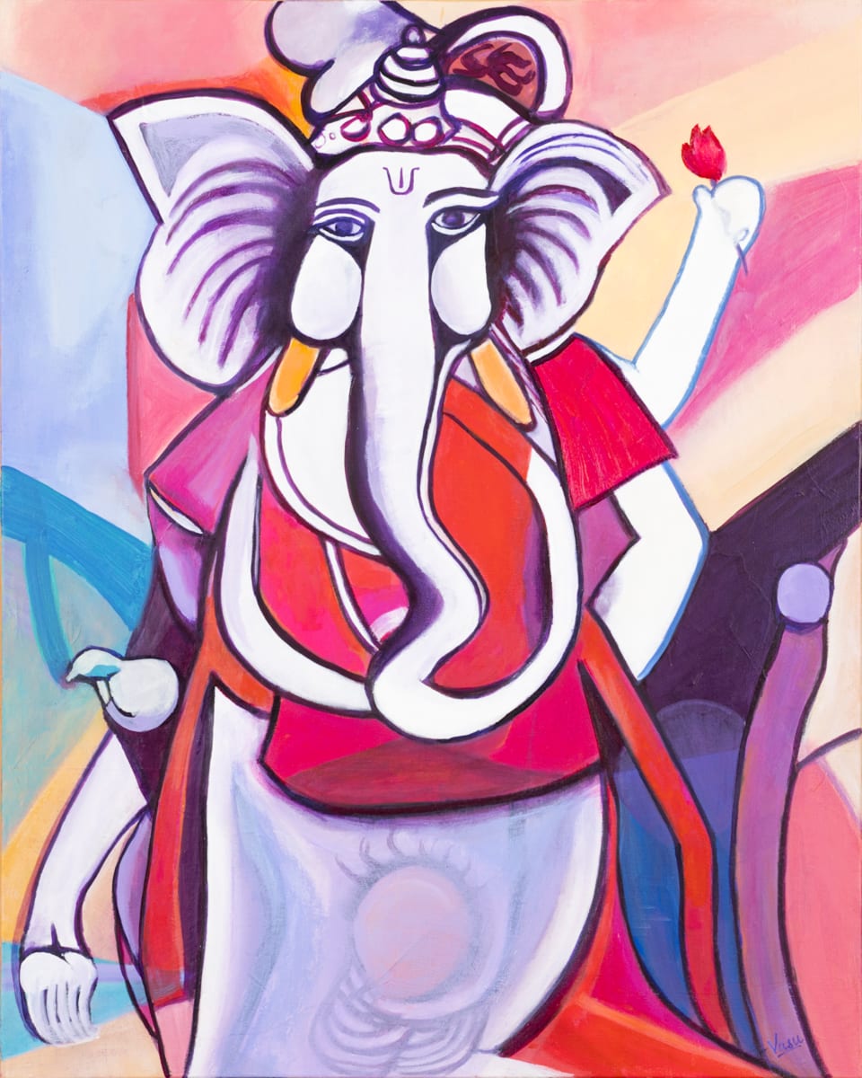 Ganesha- Picasso perspective by Vasu Tolia  Image: A cubist-inspired Ganesha, reminiscent of Picasso's fragmented forms. The elephant deity is deconstructed into geometric shapes, with a vibrant palette of pinks, purples, and reds. The angular composition and bold outlines echo Georges Braque's analytical cubism. Ganesha's essence is captured through simplified forms, creating a modern, abstract interpretation of the traditional icon.