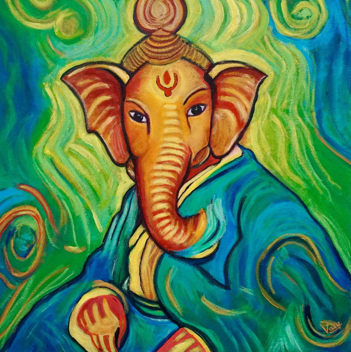 Ganesha- VanGogh Style by Vasu Tolia  Image: Ganesha portrait in Van Gogh's post-impressionist style with its swirling, energetic background and vivid colors. The deity's warm orange tones contrast beautifully against the cool greens and blues, reminiscent of Van Gogh's "Starry Night". The expressive brushstrokes and spiraling forms create a sense of movement, while the simplified rendering of Ganesha evokes expressionism.