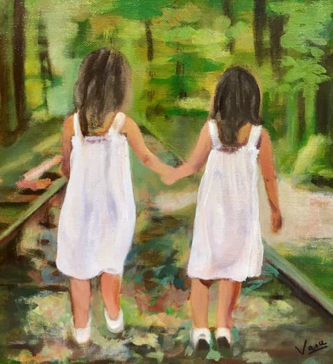 Hand in hand by Vasu Tolia  Image: Two girls are walking holding hands along a railroad track